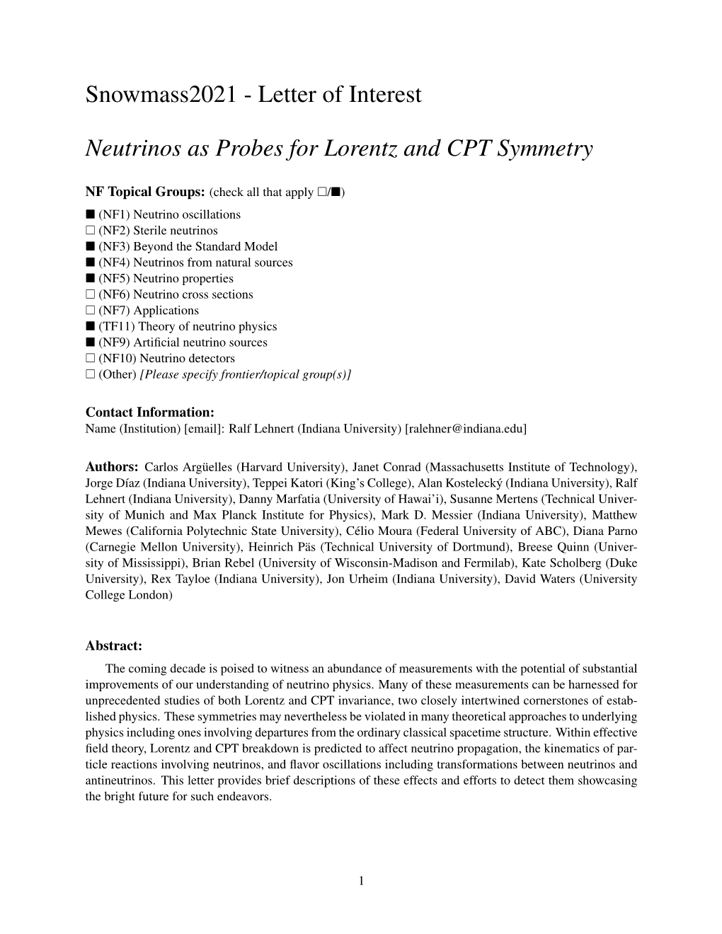 Letter of Interest Neutrinos As Probes for Lorentz