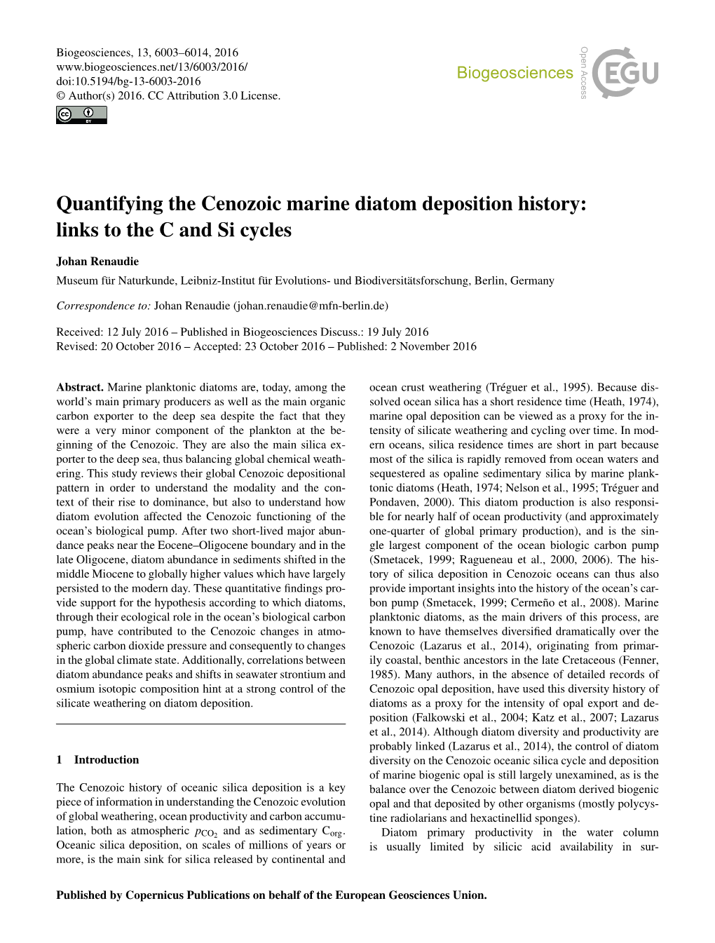 Quantifying the Cenozoic Marine Diatom Deposition History: Links to the C and Si Cycles