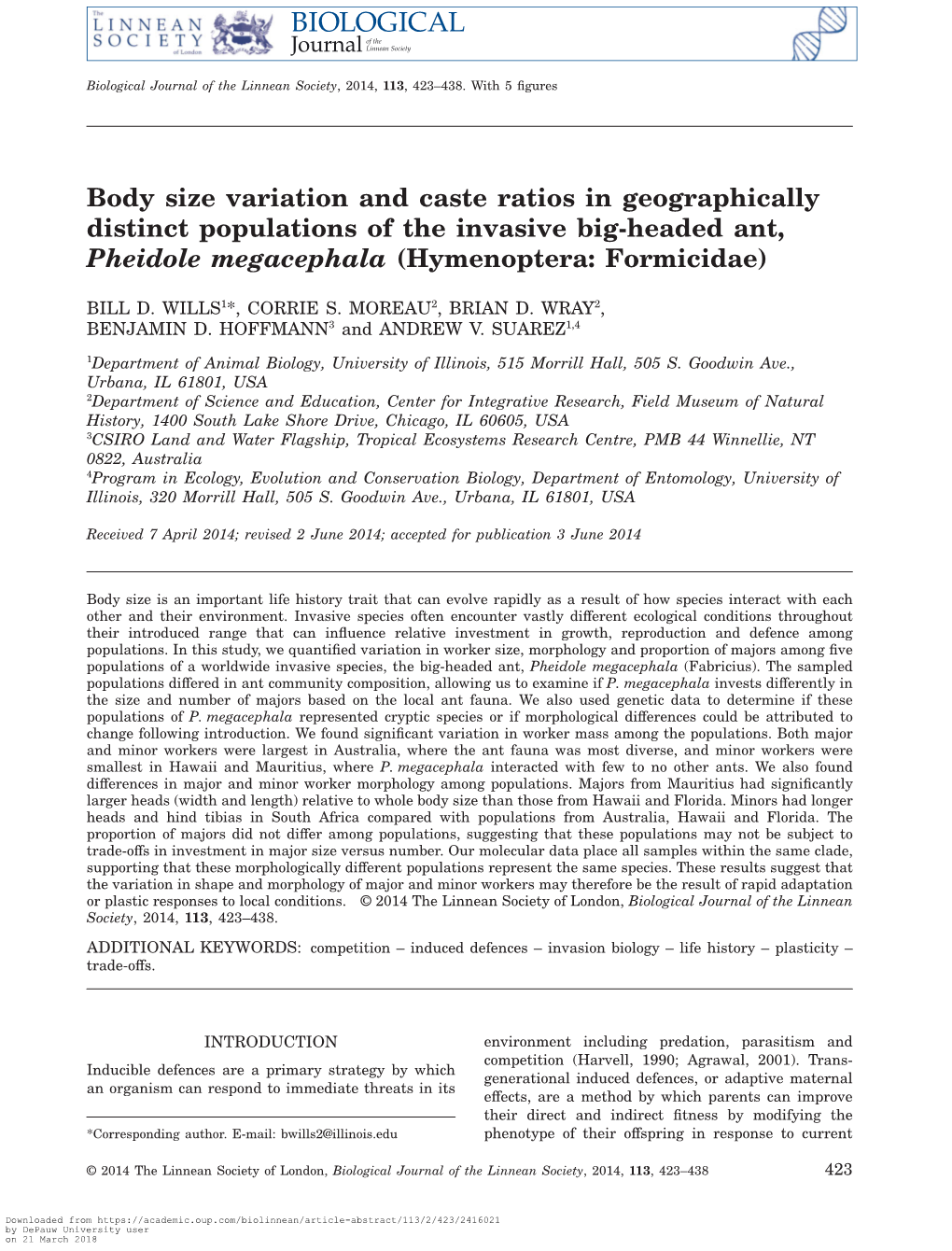 Body Size Variation and Caste Ratios in Geographically Distinct Populations of the Invasive Big-Headed Ant, Pheidole Megacephala (Hymenoptera: Formicidae)