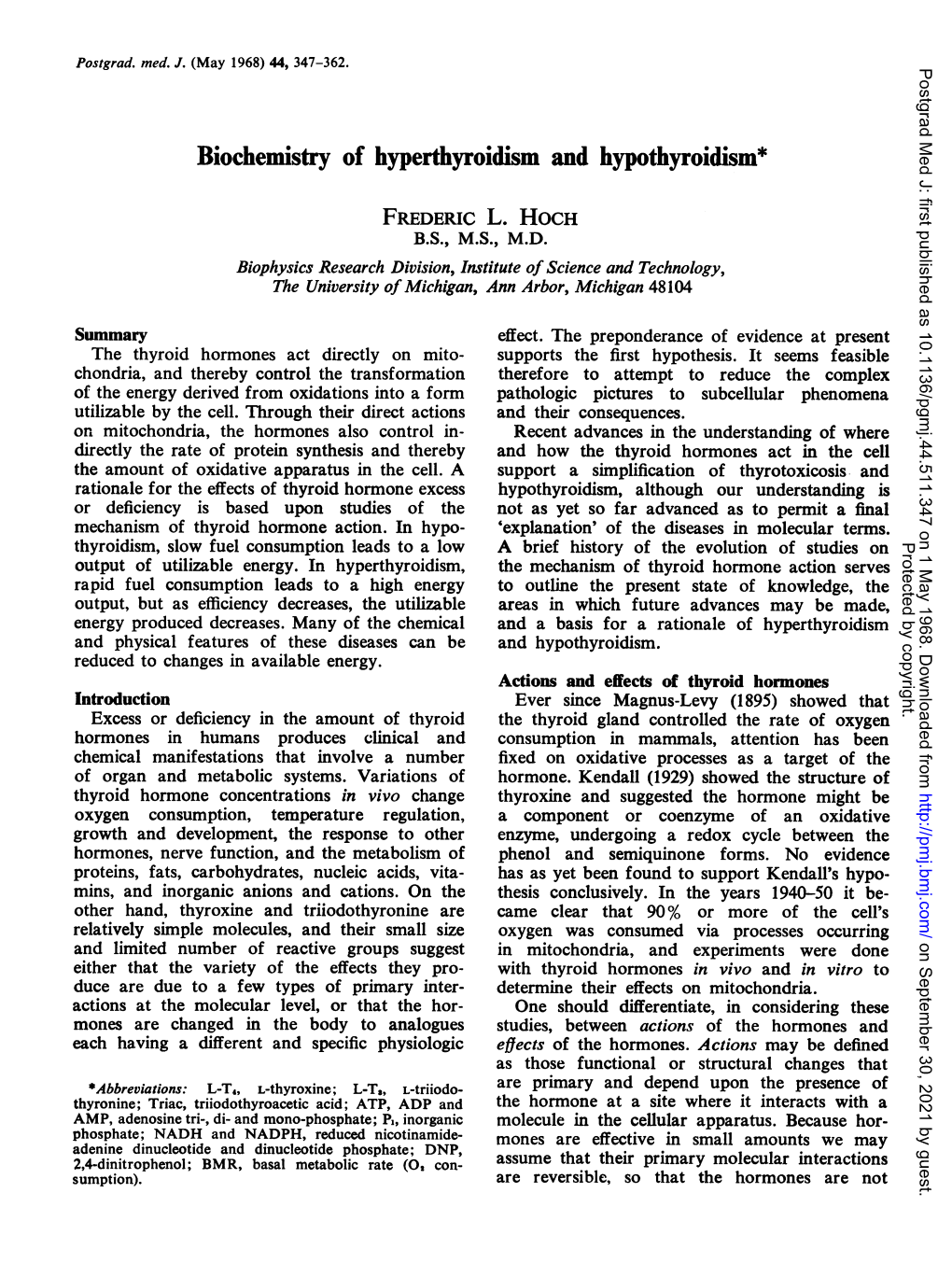 Biochemistry of Hyperthyroidism and Hypothyroidism* FREDERIC L