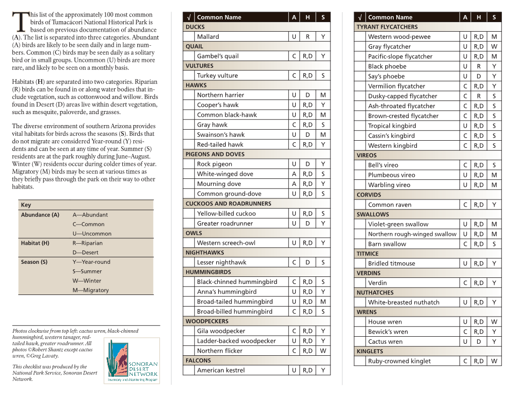 Bird Checklist for Tumacacori National Historical Park