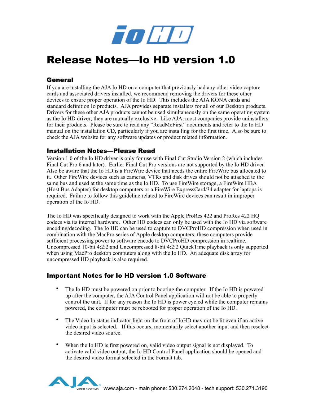 Release Notes—Io HD Version 1.0