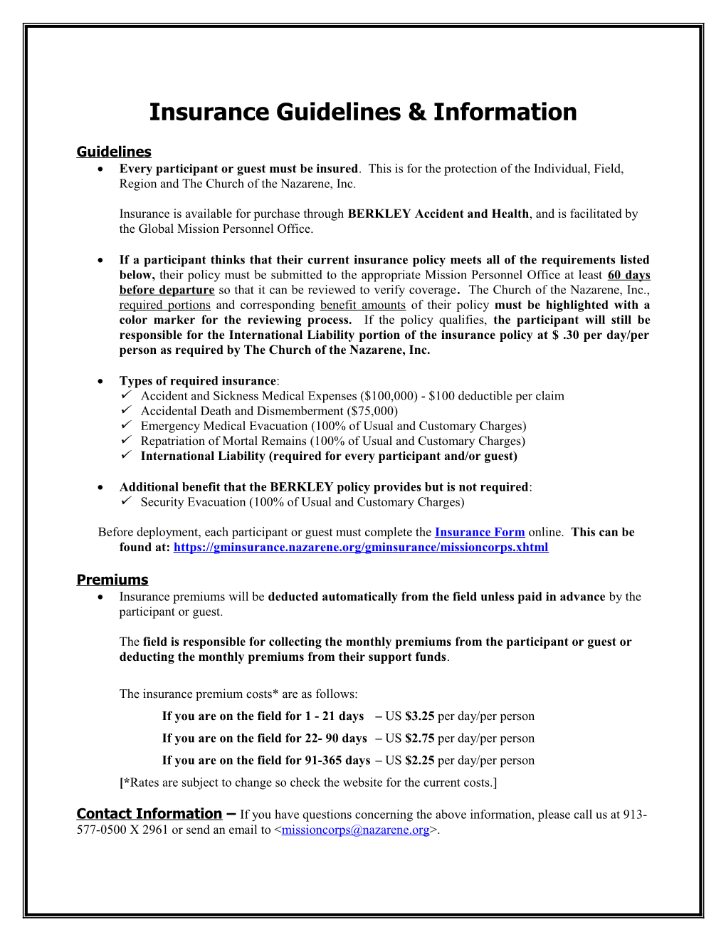 Insurance Guidelines & Information