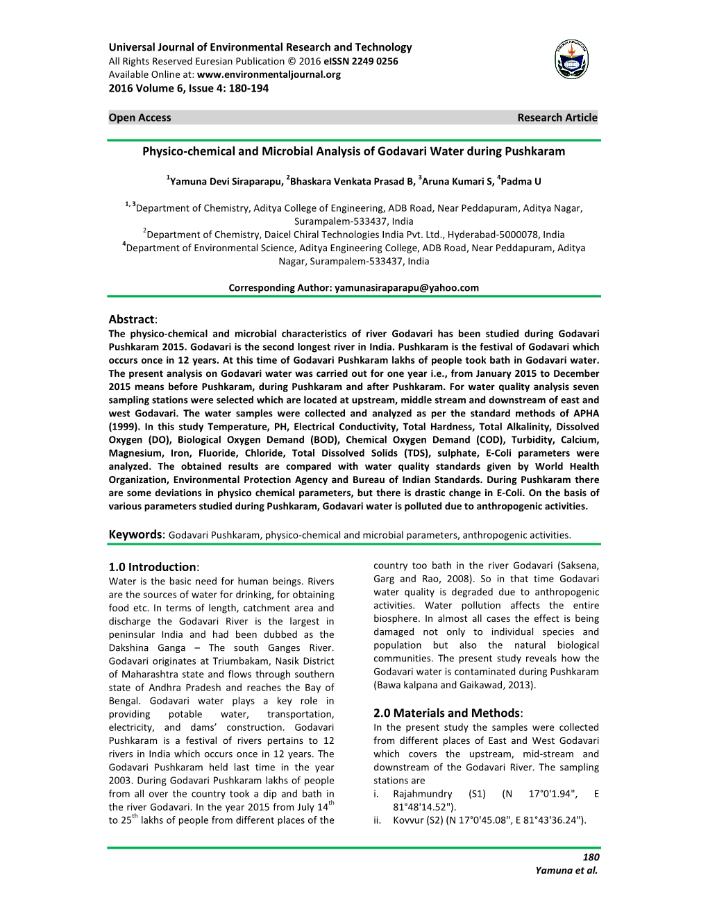 Physico-Chemical and Microbial Analysis of Godavari Water During Pushkaram Abstract