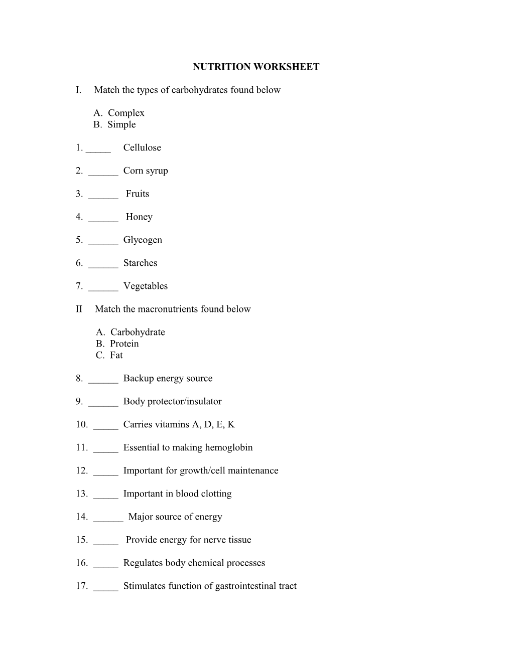 Nutrition Worksheet