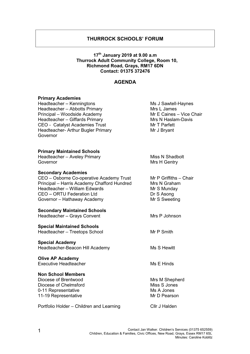 Thurrock Schools' Forum, 17 January 2019