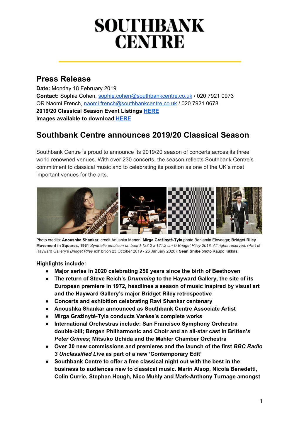 Press Release Southbank Centre Announces 2019/20 Classical Season