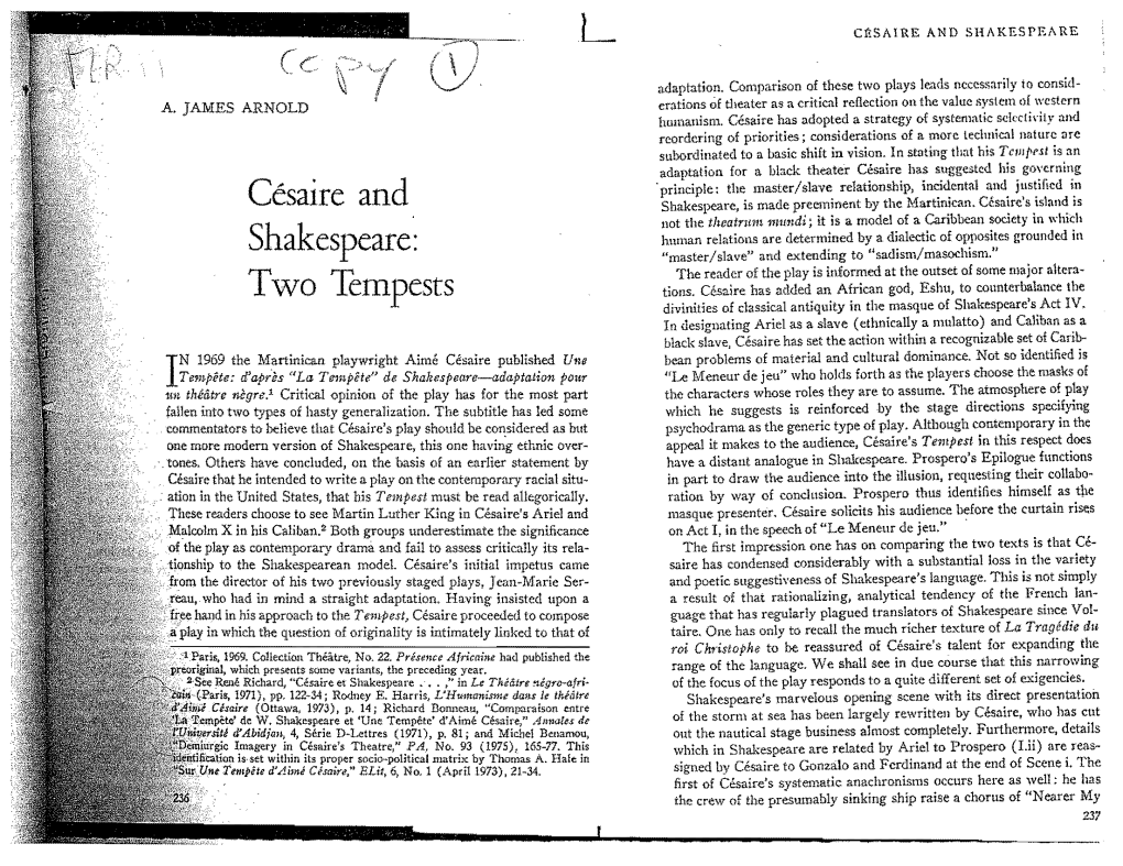 Césaire and Shakespeare Two Tempests.Pdf