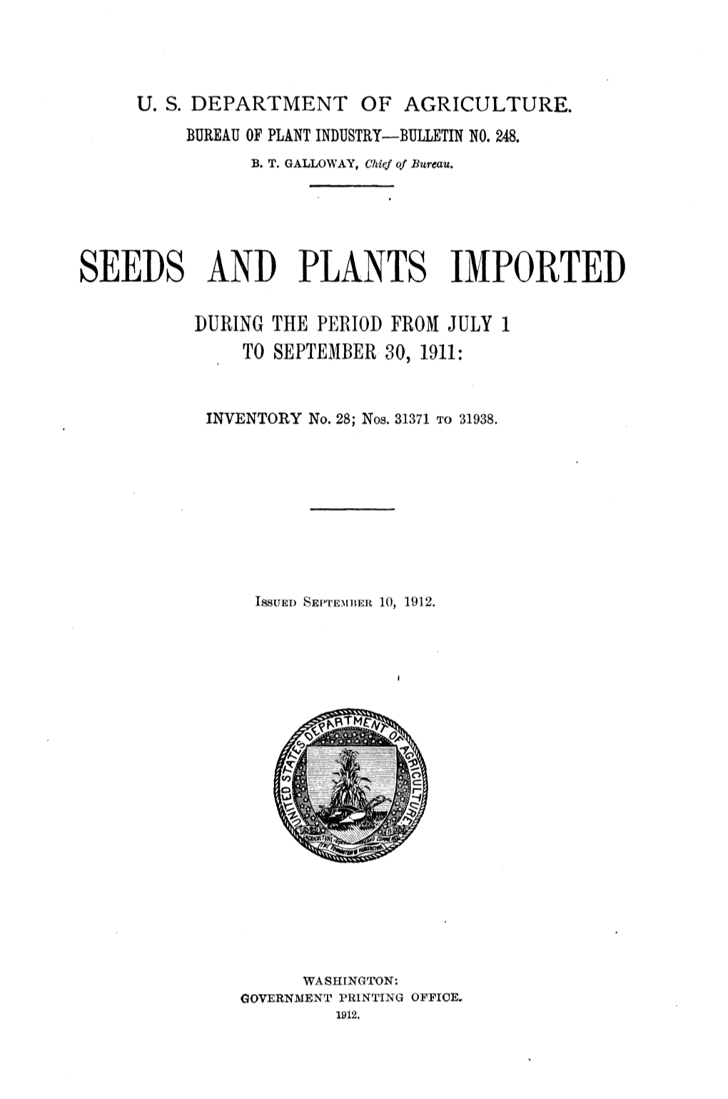 Seeds and Plants Imported During the Period from July 1 to September-30, 1911