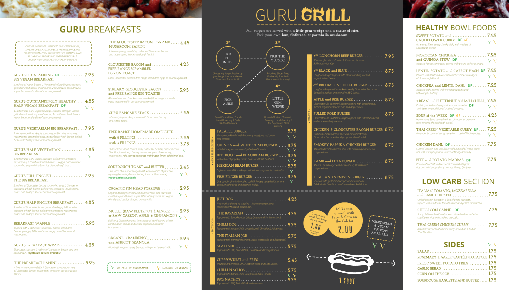 GURU BREAKFASTS All Burgers Are Served with a Little Gem Wedge and a Choice of Fries