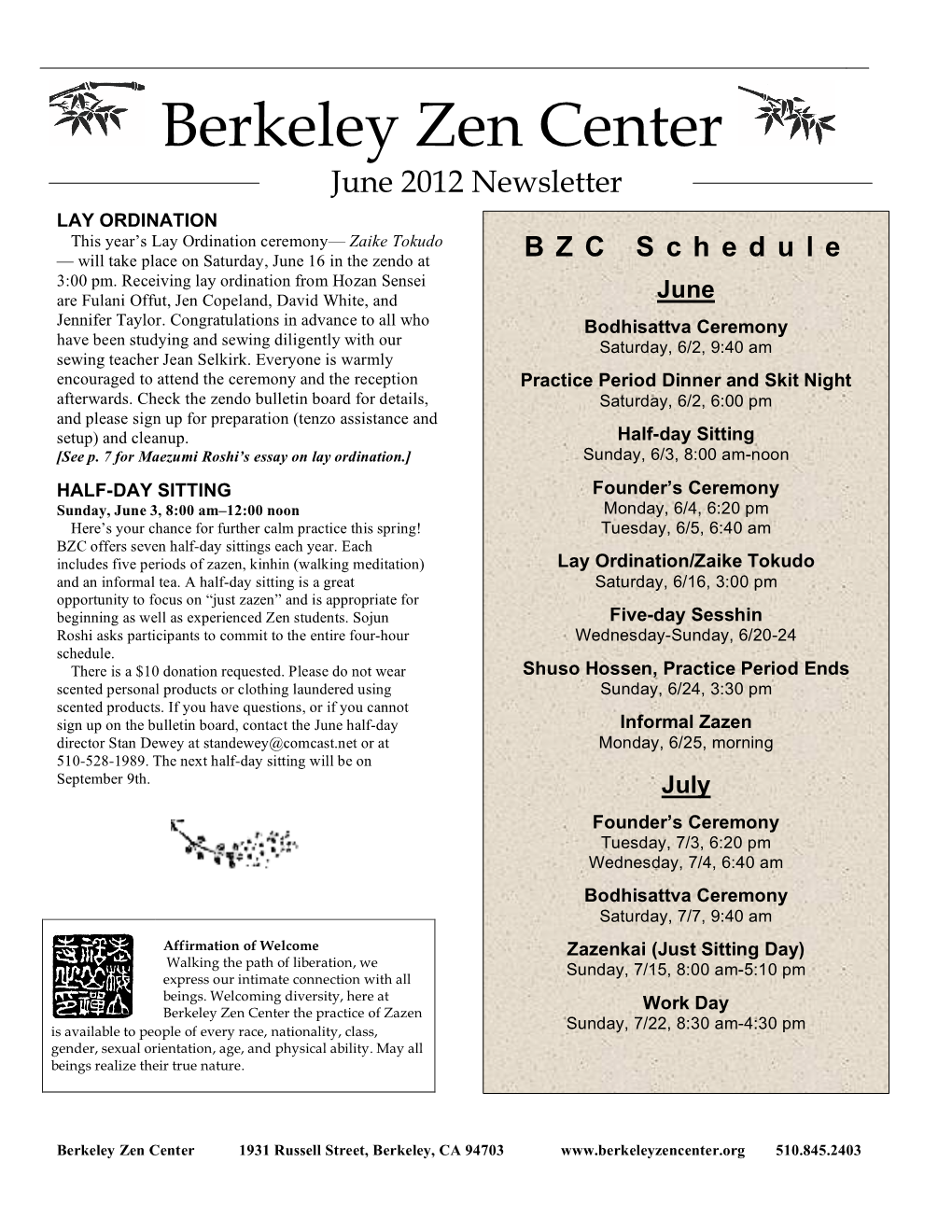 Berkeley Zen Center June 2012 Newsletter