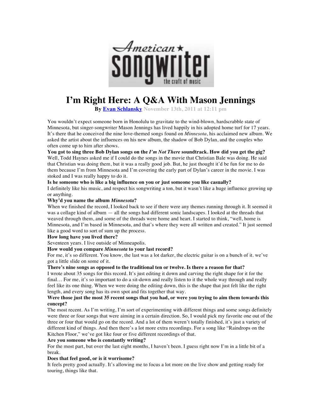 A Q&A with Mason Jennings