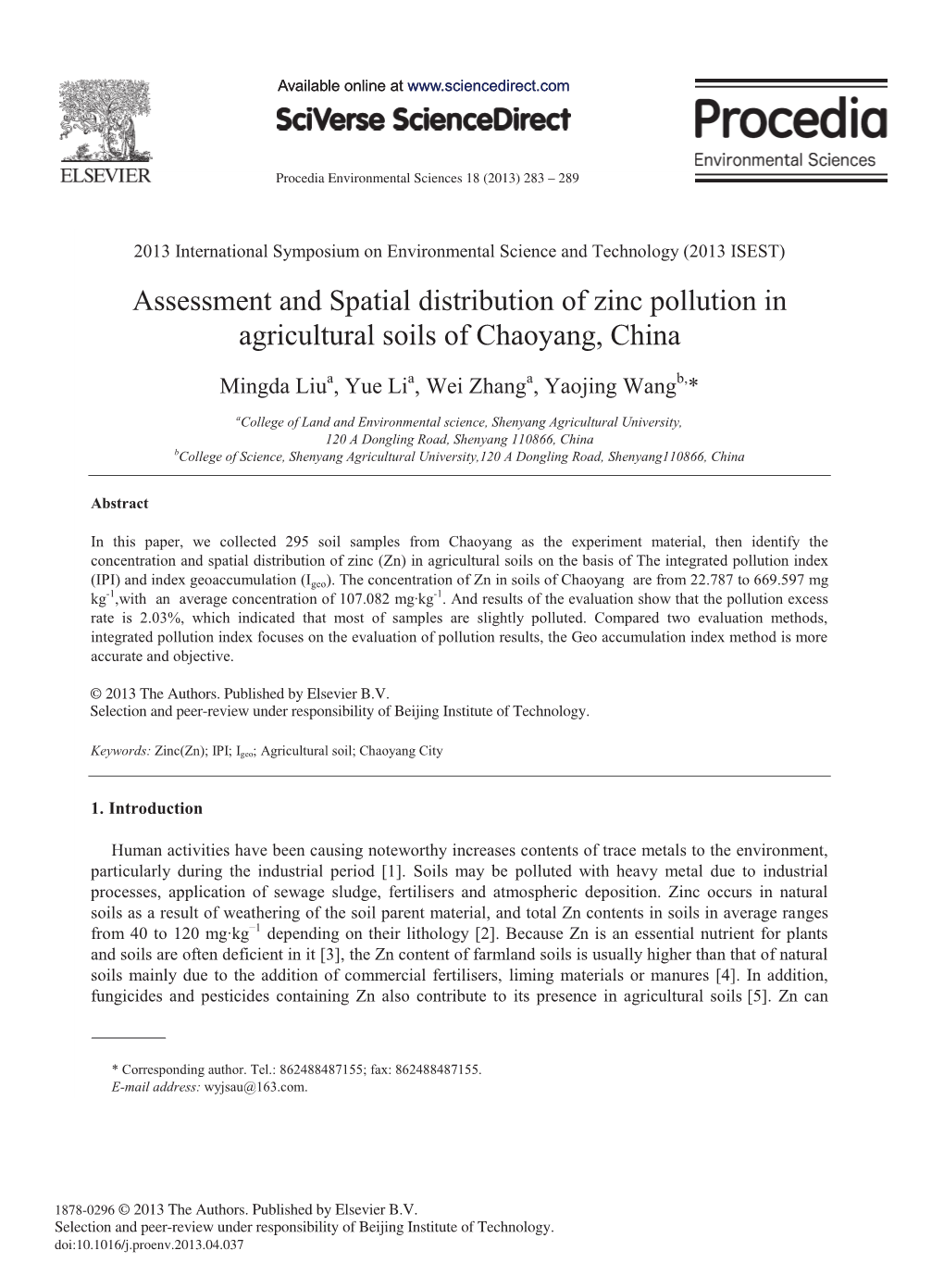 Assessment and Spatial Distribution of Zinc Pollution in Agricultural Soils of Chaoyang, China