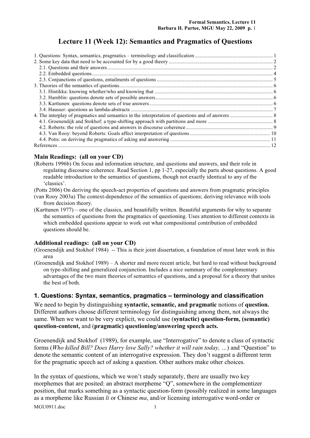 Lecture 11 (Week 12): Semantics and Pragmatics of Questions