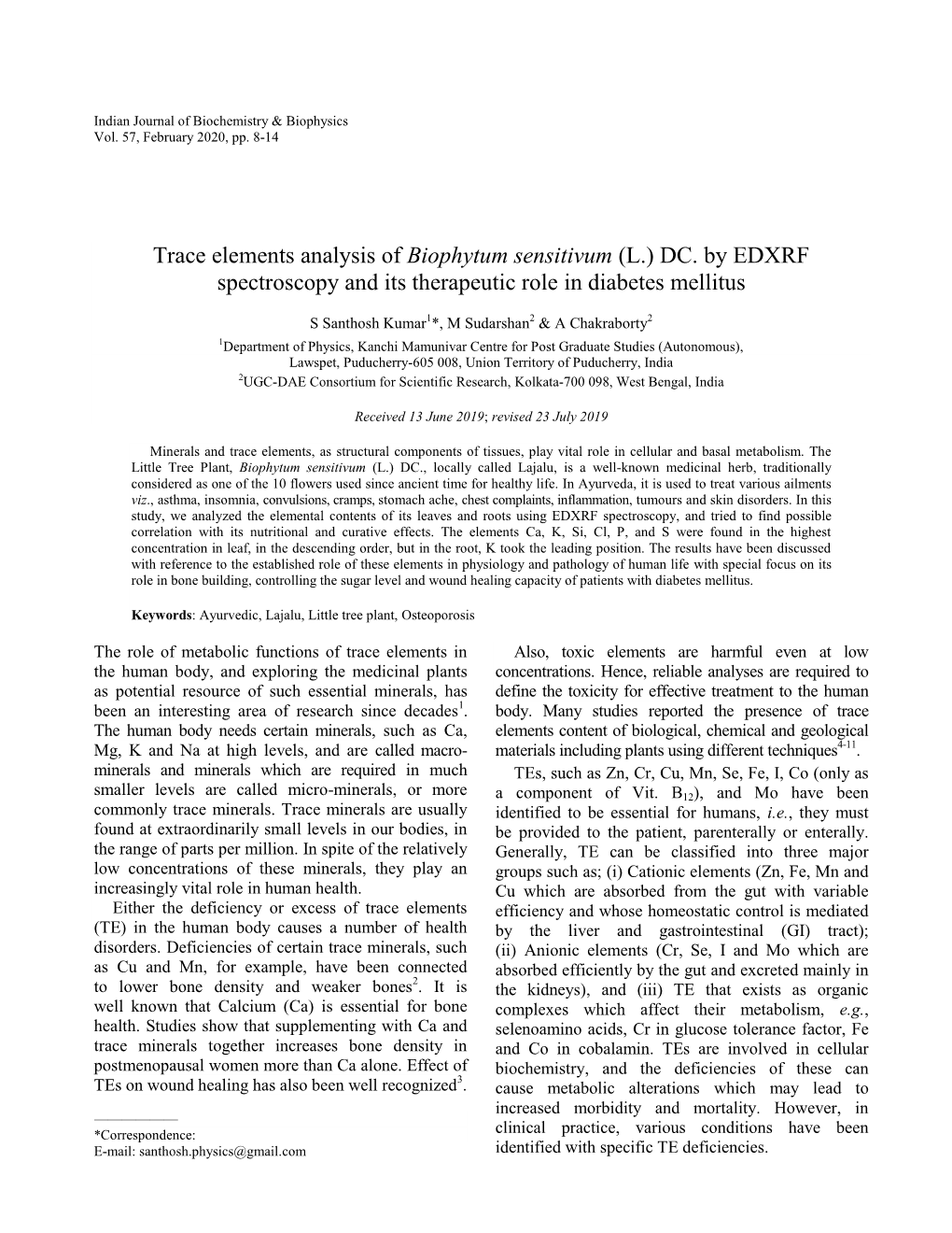 Trace Elements Analysis of Biophytum Sensitivum (L.) DC