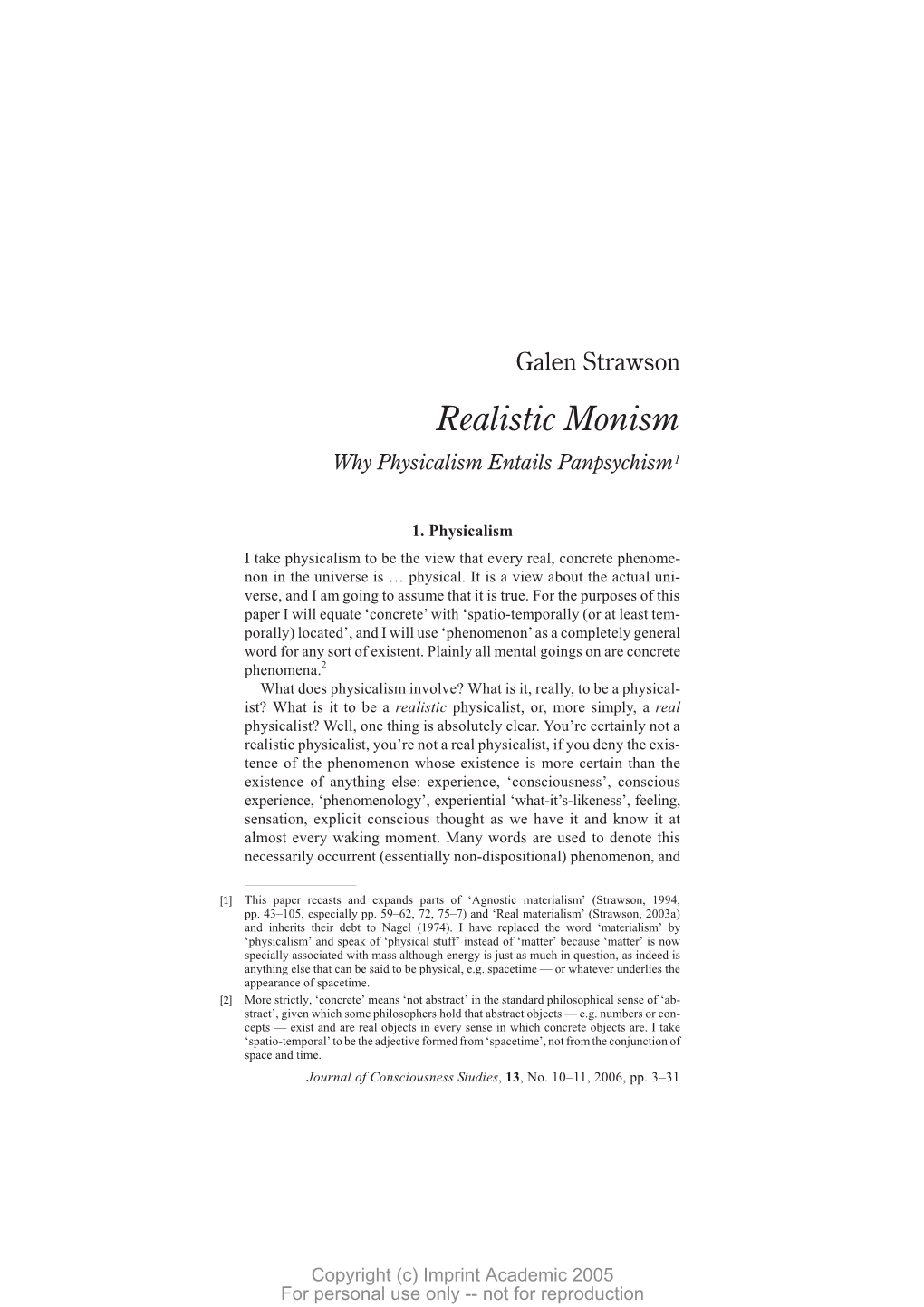 Galen Strawson Realistic Monism