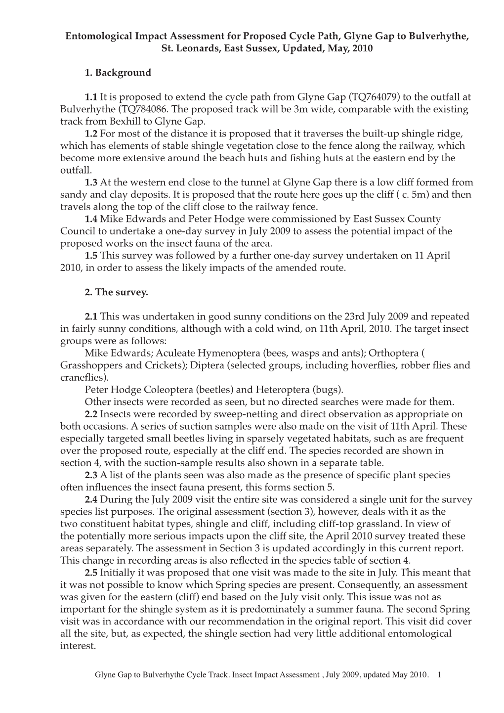 Entomological Impact Assessment for Proposed Cycle Path, Glyne Gap to Bulverhythe, St