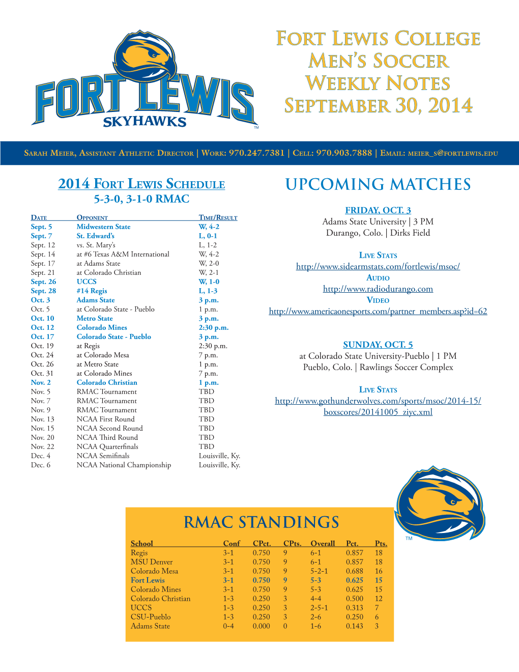 Fort Lewis College Men's Soccer Weekly Notes September 30, 2014