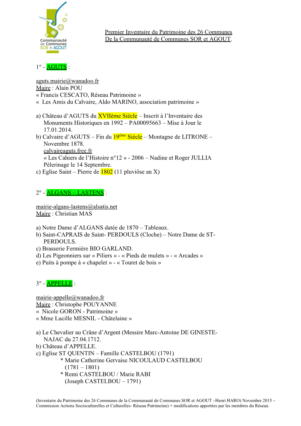 Premier Inventaire Du Patrimoine Des 26 Communes De La Communauté De Communes SOR Et AGOUT