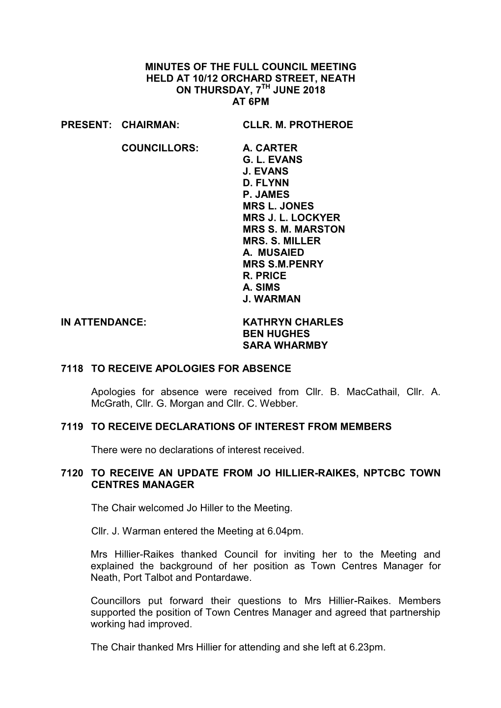 Minutes of the Full Council Meeting Held at 10/12 Orchard Street, Neath on Thursday, 7Th June 2018 at 6Pm