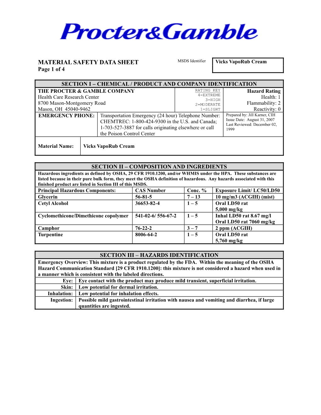 MATERIAL SAFETY DATA SHEET MSDS Identifier Vicks Vaporub Cream Page 1 of 4