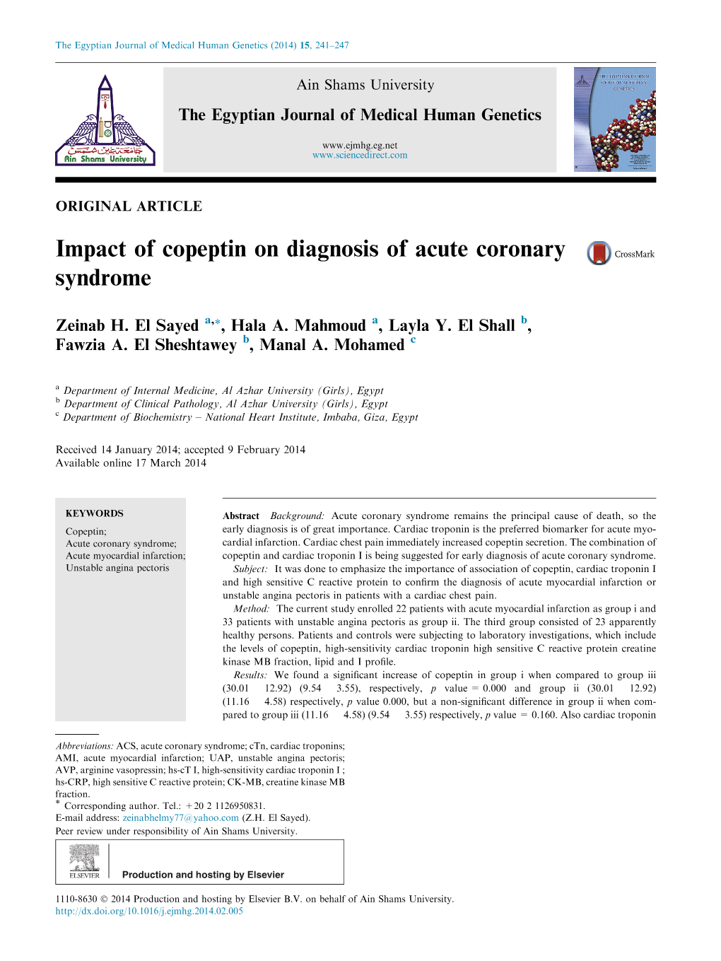 Impact of Copeptin on Diagnosis of Acute Coronary Syndrome
