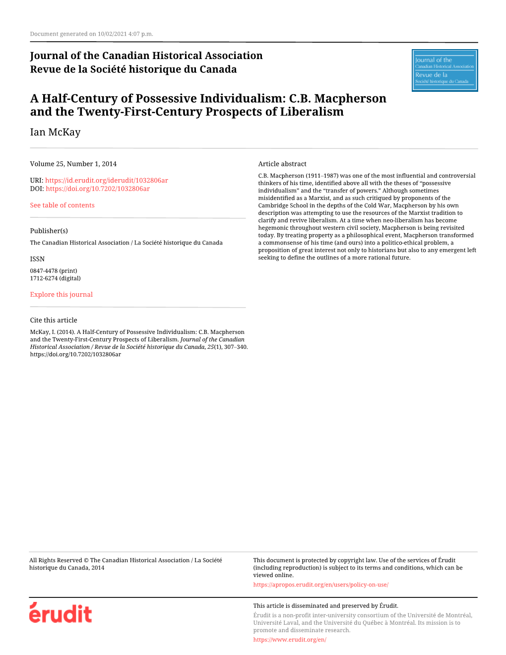 A Half-Century of Possessive Individualism: C.B. Macpherson and the Twenty-First-Century Prospects of Liberalism Ian Mckay