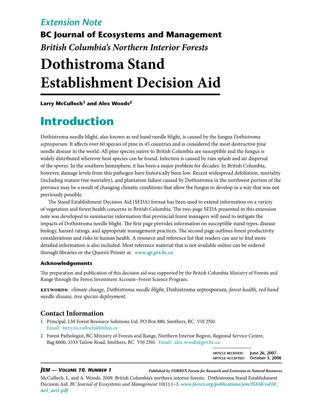 Dothistroma Stand Establishment Decision Aid