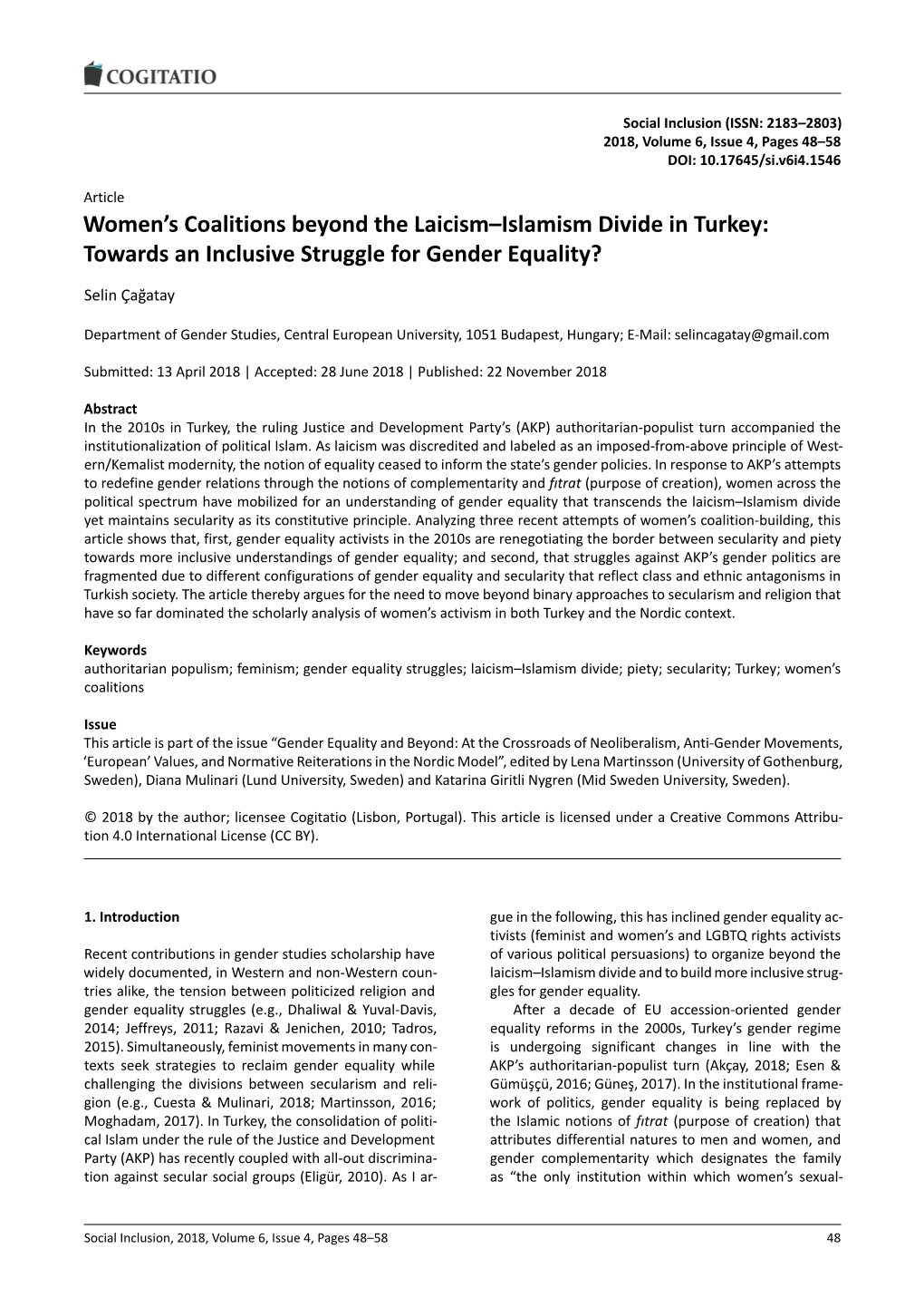 Women's Coalitions Beyond the Laicism–Islamism Divide in Turkey: Towards an Inclusive Struggle for Gender Equality?