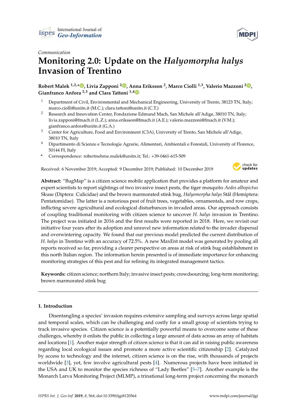 Update on the Halyomorpha Halys Invasion of Trentino