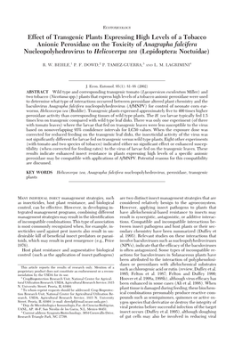 Effect of Transgenic Plants Expressing High Levels of a Tobacco Anionic Peroxidase on the Toxicity of Anagrapha Falcifera Nucleo