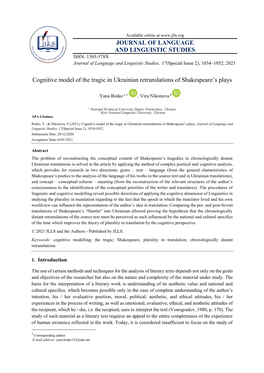 JOURNAL of LANGUAGE and LINGUISTIC STUDIES Cognitive Model of the Tragic in Ukrainian Retranslations of Shakespeare's Plays