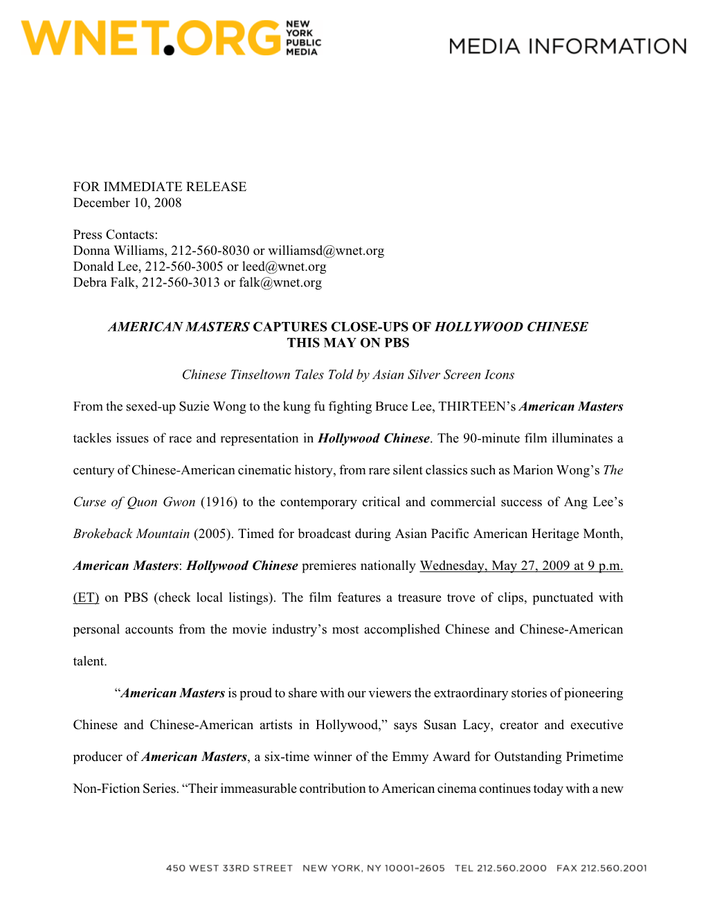 FOR IMMEDIATE RELEASE December 10, 2008