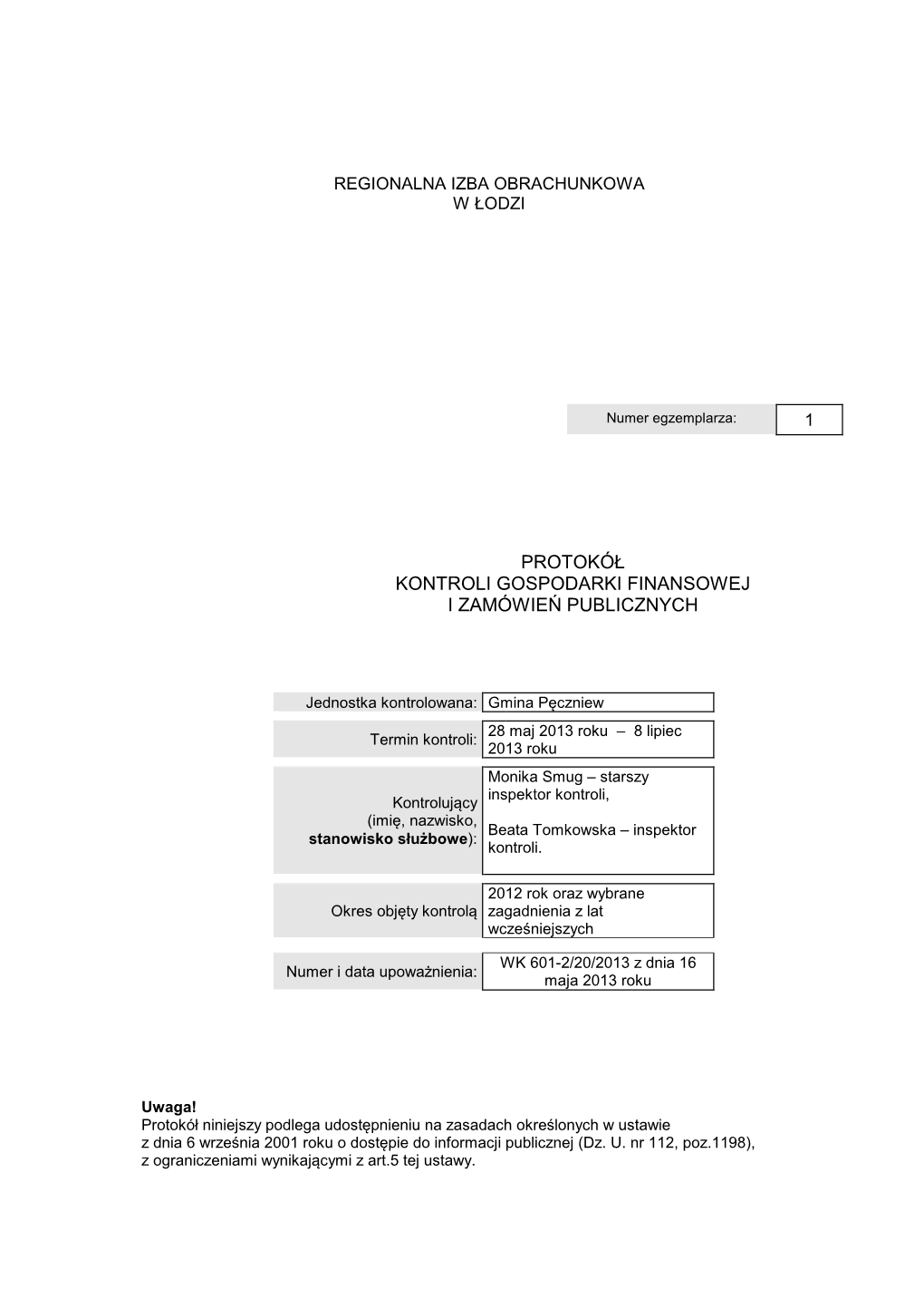 Protokół Kontroli Gospodarki Finansowej I Zamówie Ń Publicznych