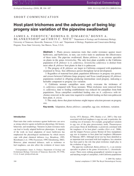 Host Plant Trichomes and the Advantage of Being Big: Progeny Size Variation of the Pipevine Swallowtail