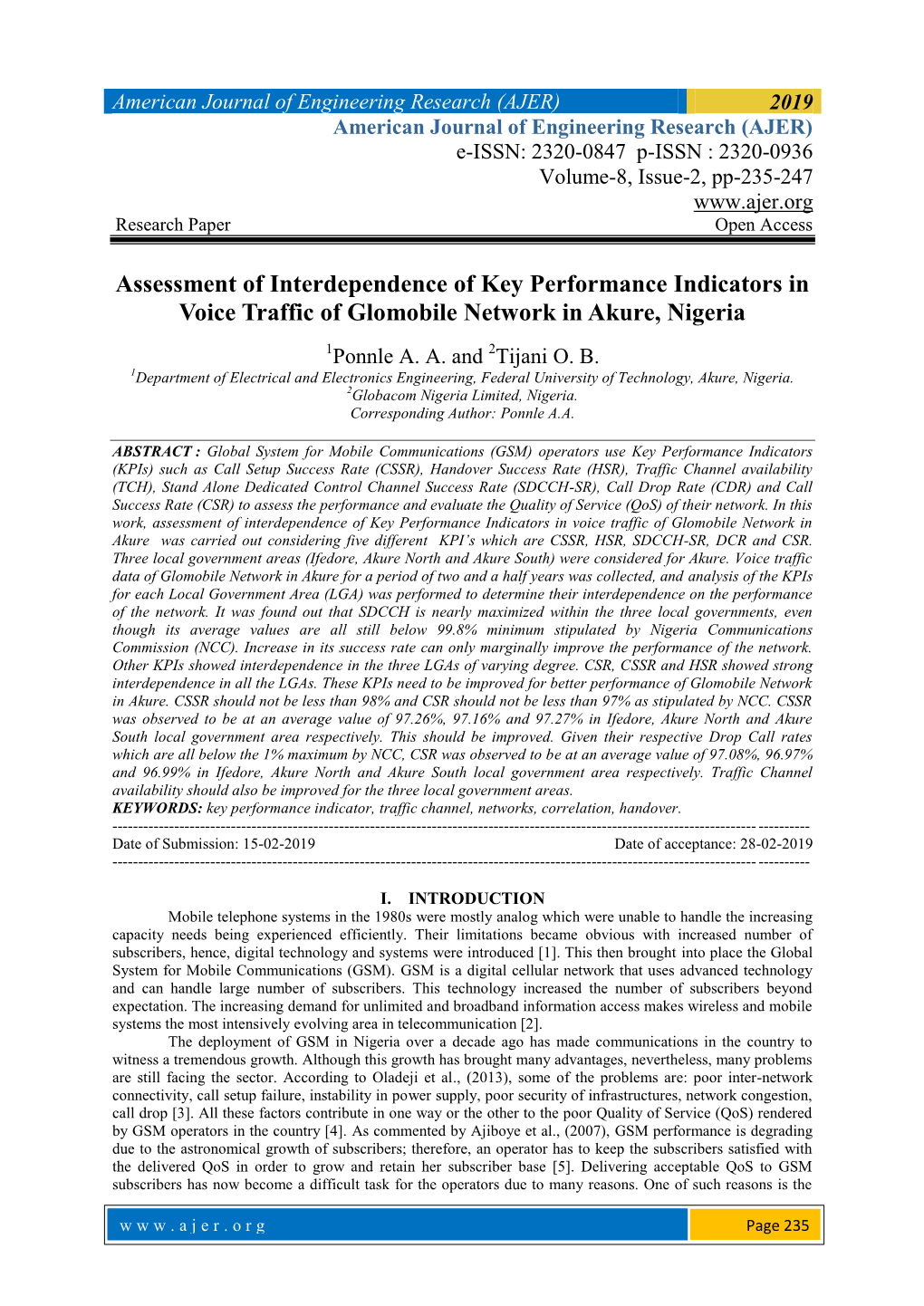 Assessment of Interdependence of Key Performance Indicators in Voice Traffic of Glomobile Network in Akure, Nigeria