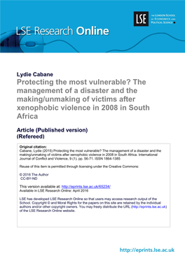 Protecting the Most Vulnerable? the Management of a Disaster and the Making/Unmaking of Victims After Xenophobic Violence in 2008 in South Africa