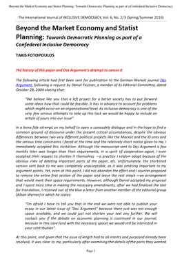 Beyond the Market Economy and Statist Planning: Towards Democratic Planning As Part of a Confederal Inclusive Democracy