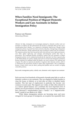 The Exceptional Position of Migrant Domestic Workers and Care Assistants in Italian Immigration Policy