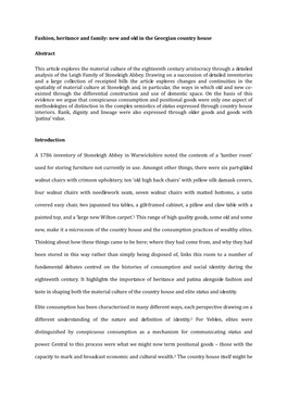 Fashion, Heritance and Family: New and Old in the Georgian Country House Abstract This Article Explores the Material Culture Of