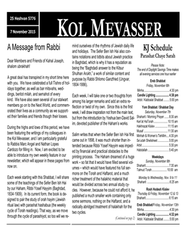 KOL MEVASSER Mind Ourselves of the Rhythms of Jewish Daily Life a Message from Rabbi and Holidays