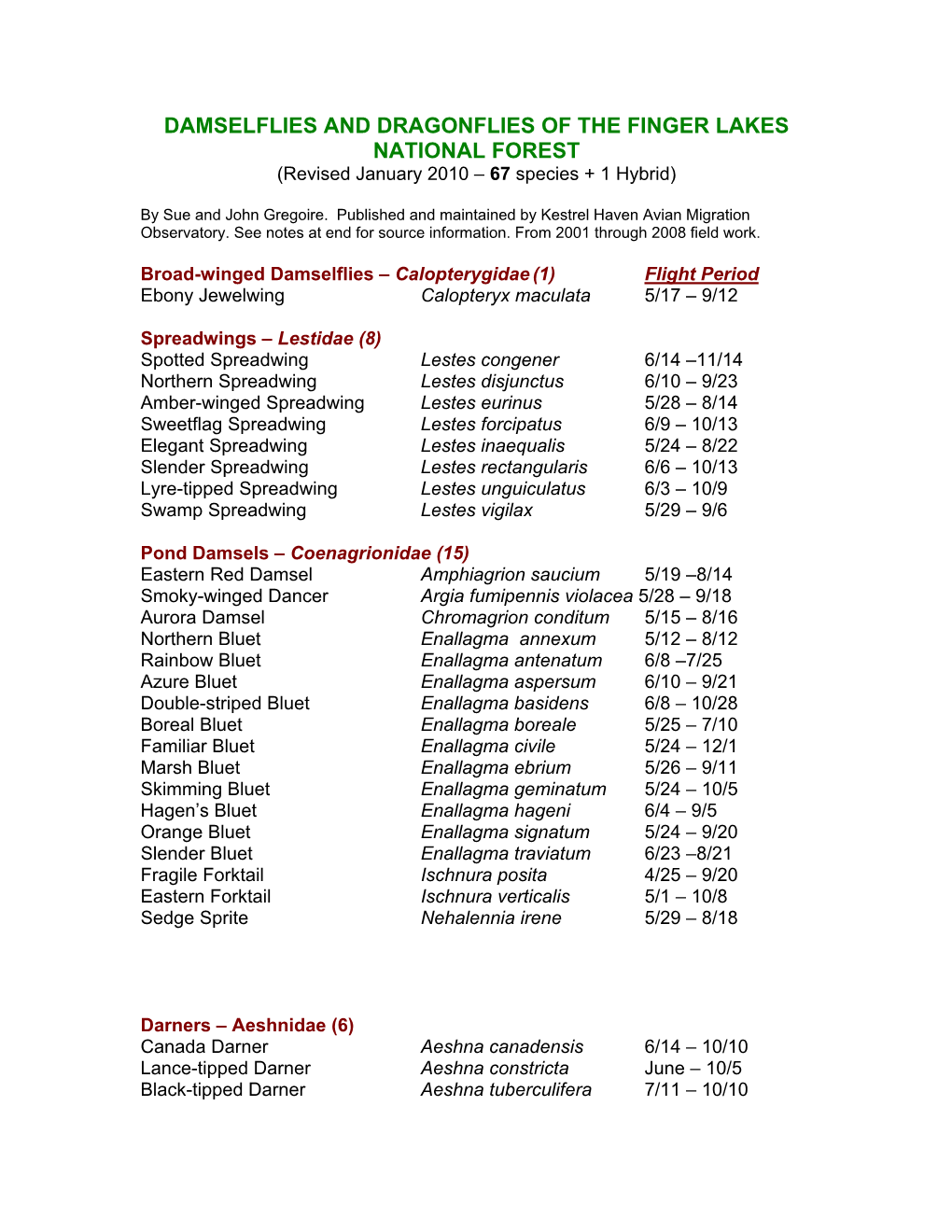 DAMSELFLIES and DRAGONFLIES of the FINGER LAKES NATIONAL FOREST (Revised January 2010 – 67 Species + 1 Hybrid)