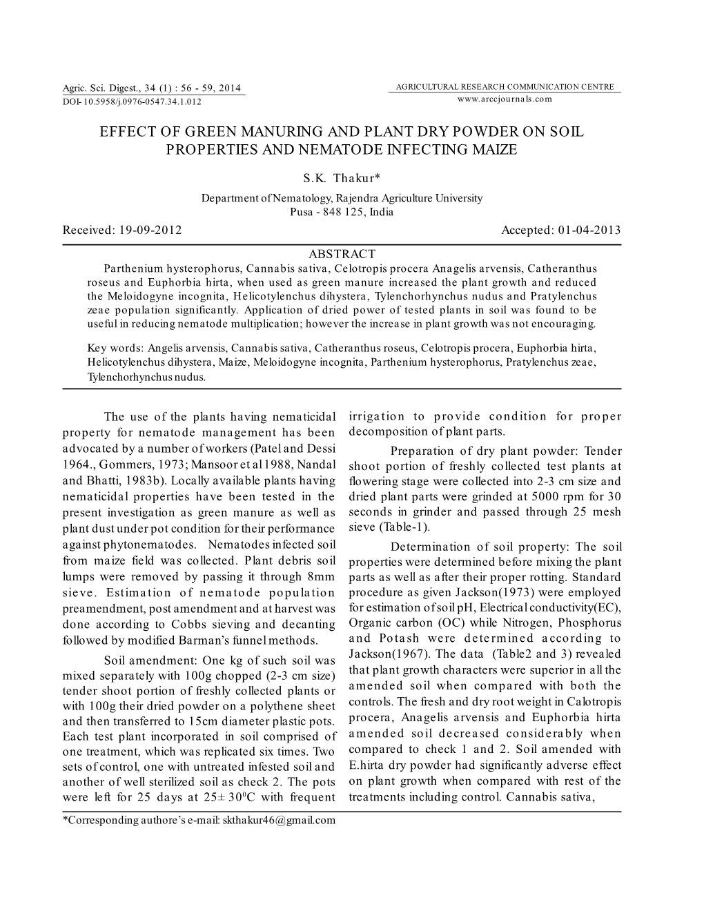 Effect of Green Manuring and Plant Dry Powder on Soil Properties and Nematode Infecting Maize