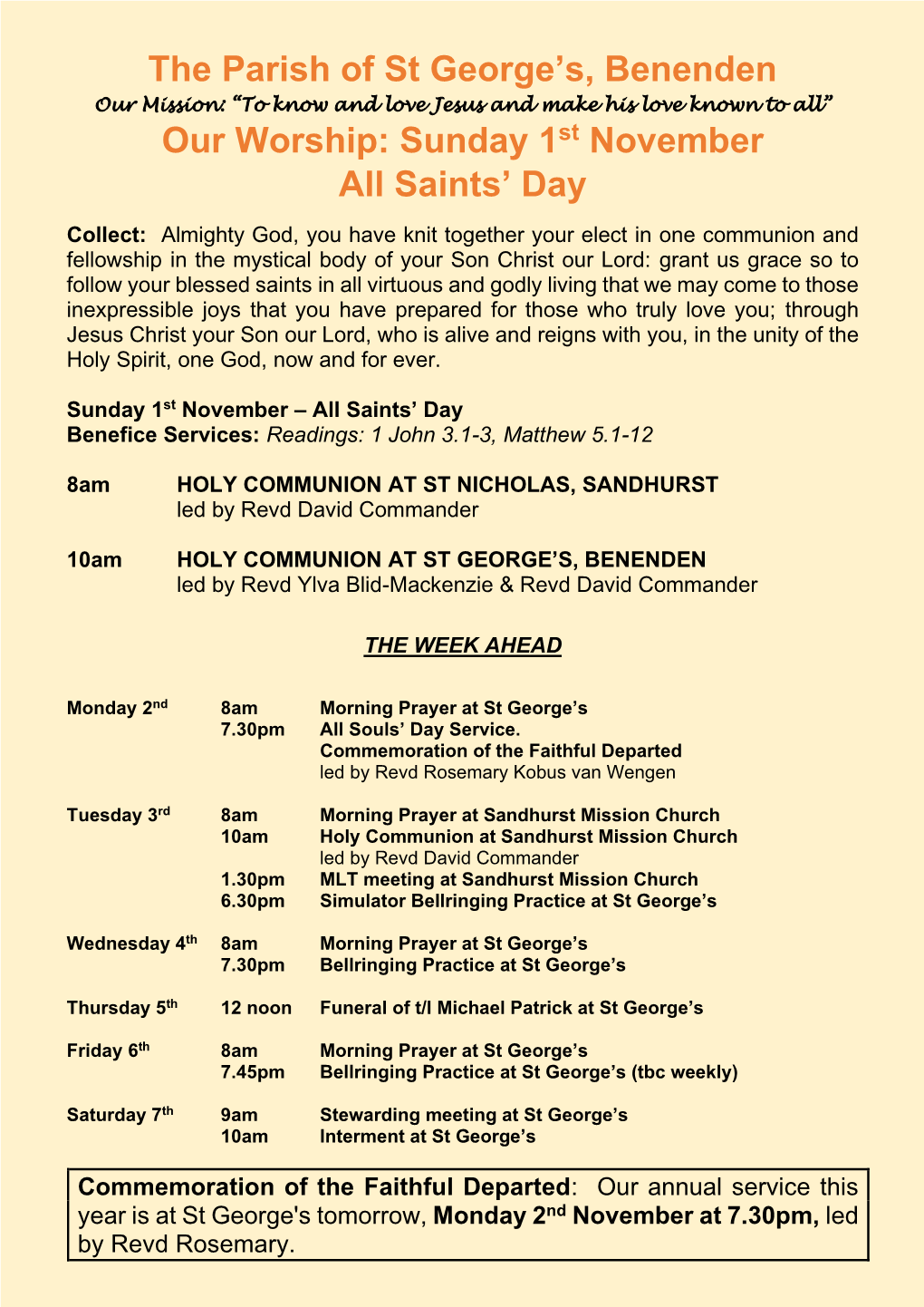 The Parish of St George's, Benenden Our Worship: Sunday 1St November All Saints'