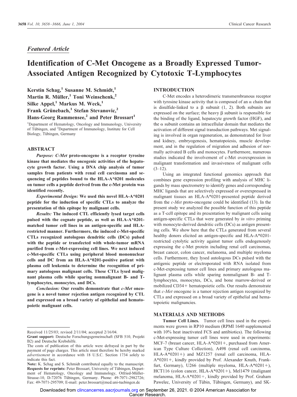 Identification of C-Met Oncogene As a Broadly Expressed Tumor- Associated Antigen Recognized by Cytotoxic T-Lymphocytes