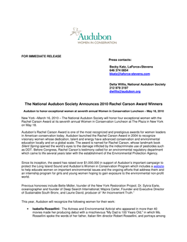 The National Audubon Society Announces 2010 Rachel Carson Award Winners