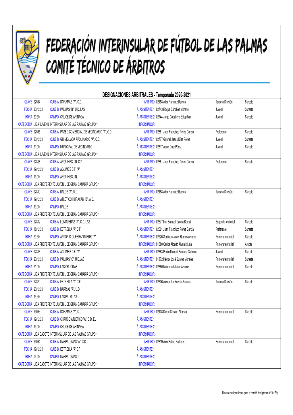 DESIGNACIONES ARBITRALES - Temporada 2020-2021 CLAVE 92564 CLUB a DORAMAS 