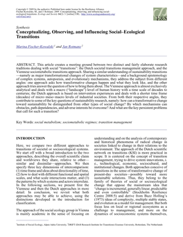 Conceptualizing, Observing, and Influencing Social–Ecological Transitions