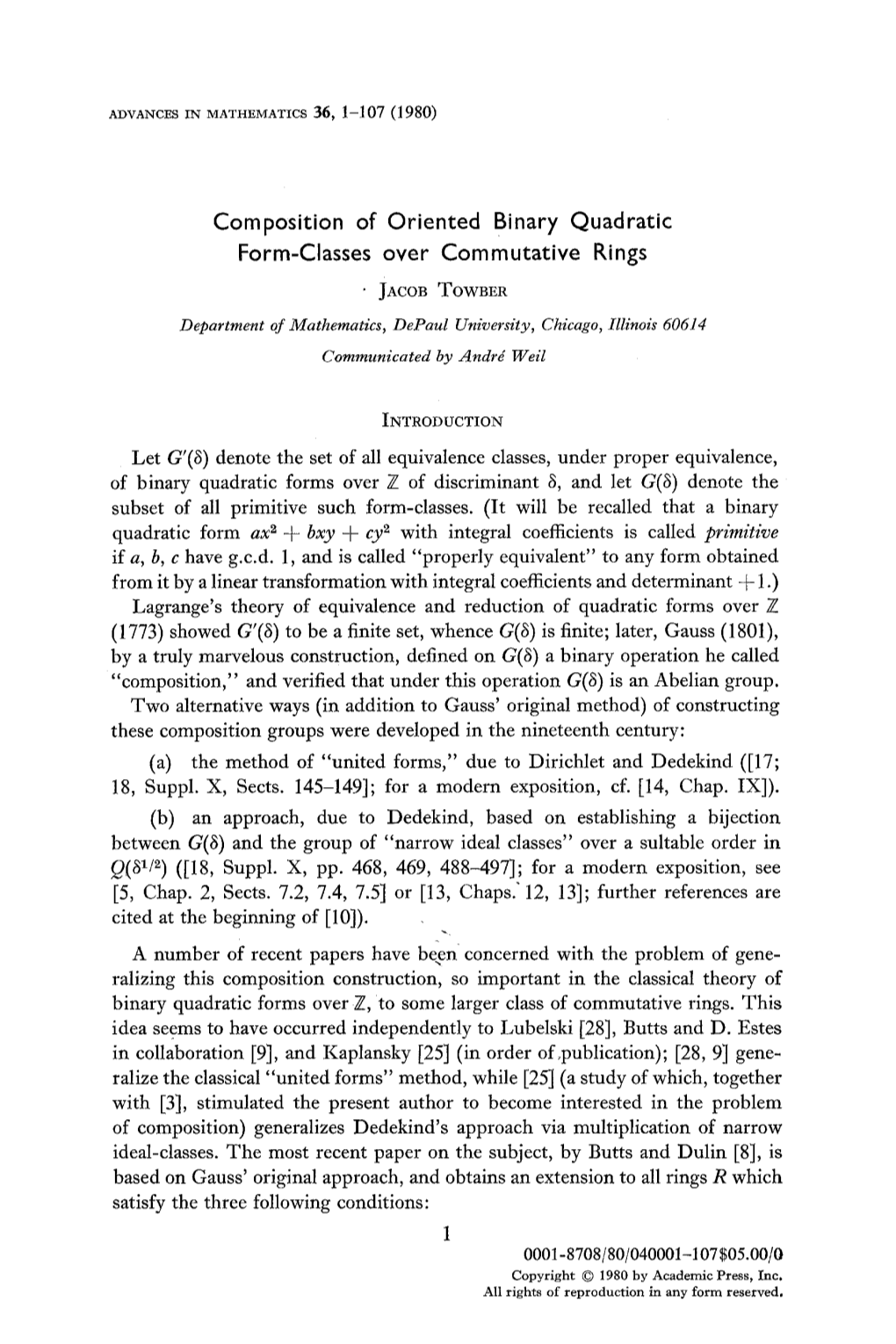 Composition of Oriented Binary Quadratic Form-Classes Over Commutative Rings