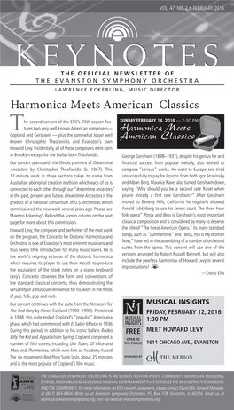 KEYNOTES the OFFICIAL NEWSLETTER of the EVANSTON SYMPHONY ORCHESTRA LAWRENCE ECKERLING, MUSIC DIRECTOR Harmonica Meets American Classics